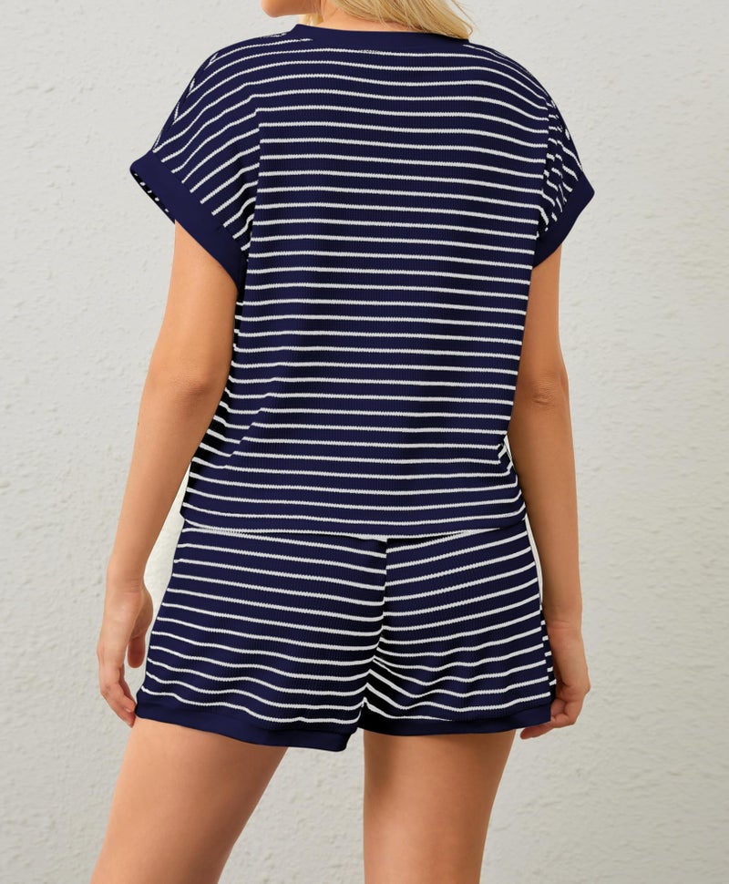 MISSACTIVER 2 Piece Lounge Set Women Stripe Knit Short Sleeve Tee Shirts Shorts Casual Summer Loungewear Shorts Sets - Image 3