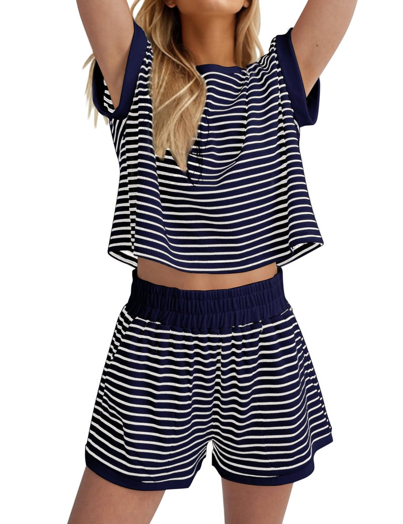 MISSACTIVER 2 Piece Lounge Set Women Stripe Knit Short Sleeve Tee Shirts Shorts Casual Summer Loungewear Shorts Sets - Image 1