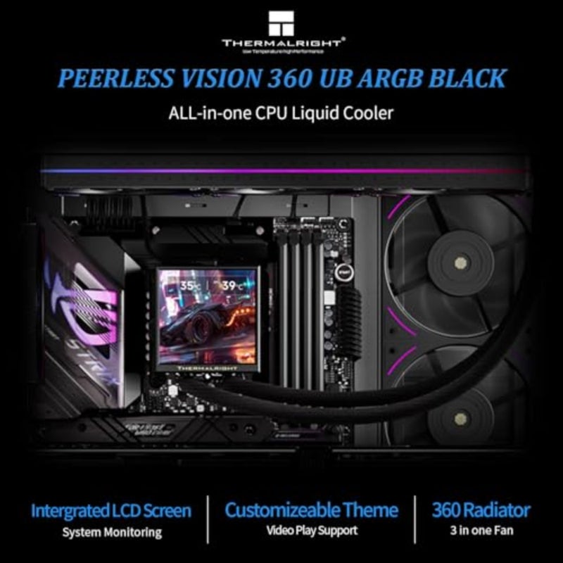 Peerless Vision 360 UB ARGB Black Aio CPU Liquid Cooler, IPS Screen with 480x480 Resolution-60HZ, 3 Inline CPU Fans, for AM5/Intel LGA1851/1700, 3.95in Magnet-Absorbent LCD Screen - Image 2