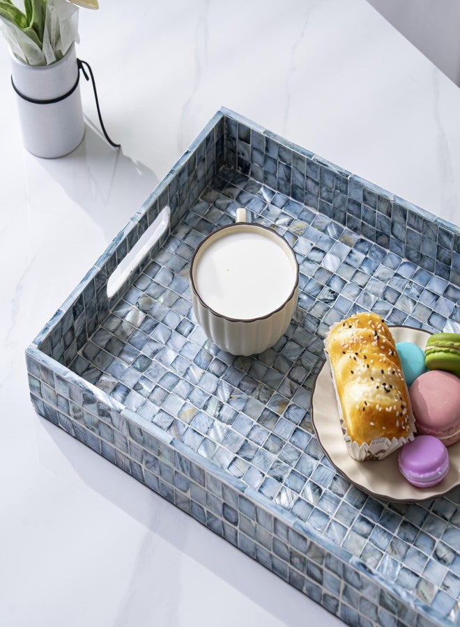PEMAR Rectangular Mother of Pearl Serving Tray Nacre Wood Lap Ottoman Tray for Coffee Table, Luxury Decorative Handmade Eating Platters w Insert Handles (Blue) - Image 3