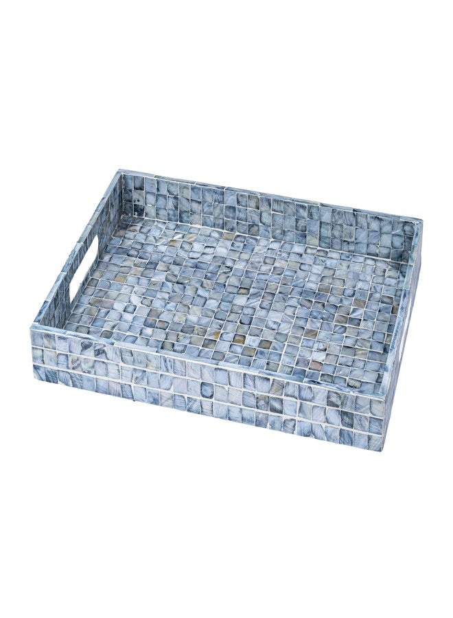 PEMAR Rectangular Mother of Pearl Serving Tray Nacre Wood Lap Ottoman Tray for Coffee Table, Luxury Decorative Handmade Eating Platters w Insert Handles (Blue) - Image 1