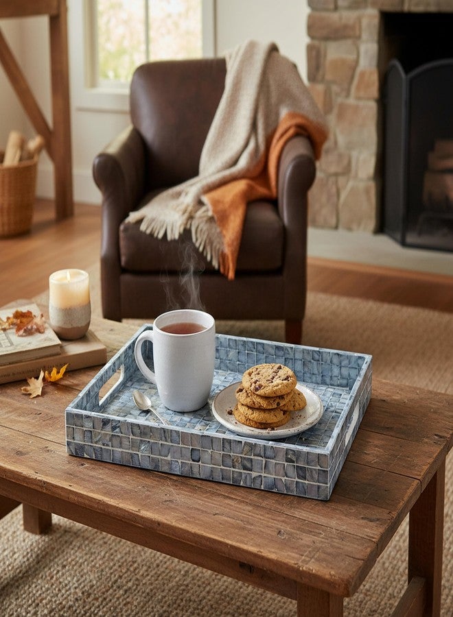 PEMAR Rectangular Mother of Pearl Serving Tray Nacre Wood Lap Ottoman Tray for Coffee Table, Luxury Decorative Handmade Eating Platters w Insert Handles (Blue) - Image 5