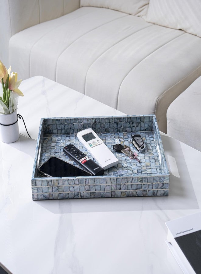 PEMAR Rectangular Mother of Pearl Serving Tray Nacre Wood Lap Ottoman Tray for Coffee Table, Luxury Decorative Handmade Eating Platters w Insert Handles (Blue) - Image 4