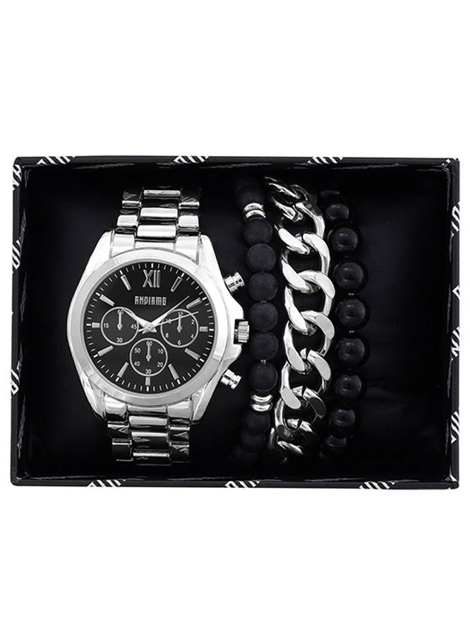 ANDIAMO Men's Analog Silver Case Silver Band Set Watch 