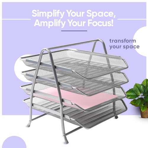 YAJNAS 4 Tier File Rack for Office Accessories- Desk Document Organizer, A4 Table Paper Tray, Magazine Stand with Metal Sliding Shelf, Books (Silver) - Image 2