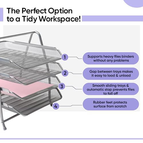 YAJNAS 4 Tier File Rack for Office Accessories- Desk Document Organizer, A4 Table Paper Tray, Magazine Stand with Metal Sliding Shelf, Books (Silver) - Image 4