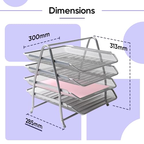YAJNAS 4 Tier File Rack for Office Accessories- Desk Document Organizer, A4 Table Paper Tray, Magazine Stand with Metal Sliding Shelf, Books (Silver) - Image 5