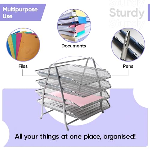 YAJNAS 4 Tier File Rack for Office Accessories- Desk Document Organizer, A4 Table Paper Tray, Magazine Stand with Metal Sliding Shelf, Books (Silver) - Image 3