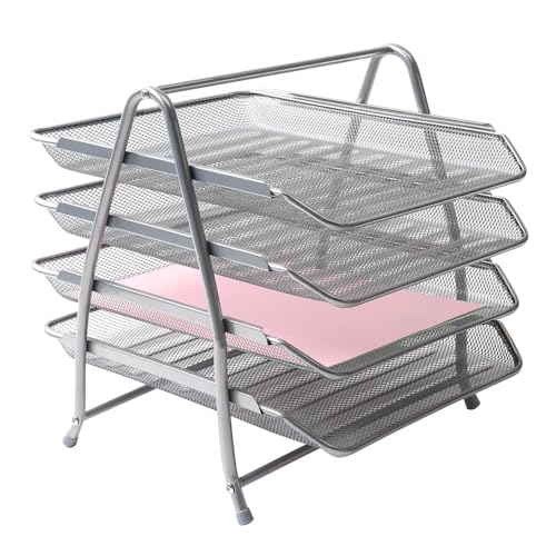 YAJNAS 4 Tier File Rack for Office Accessories- Desk Document Organizer, A4 Table Paper Tray, Magazine Stand with Metal Sliding Shelf, Books (Silver) - Image 1