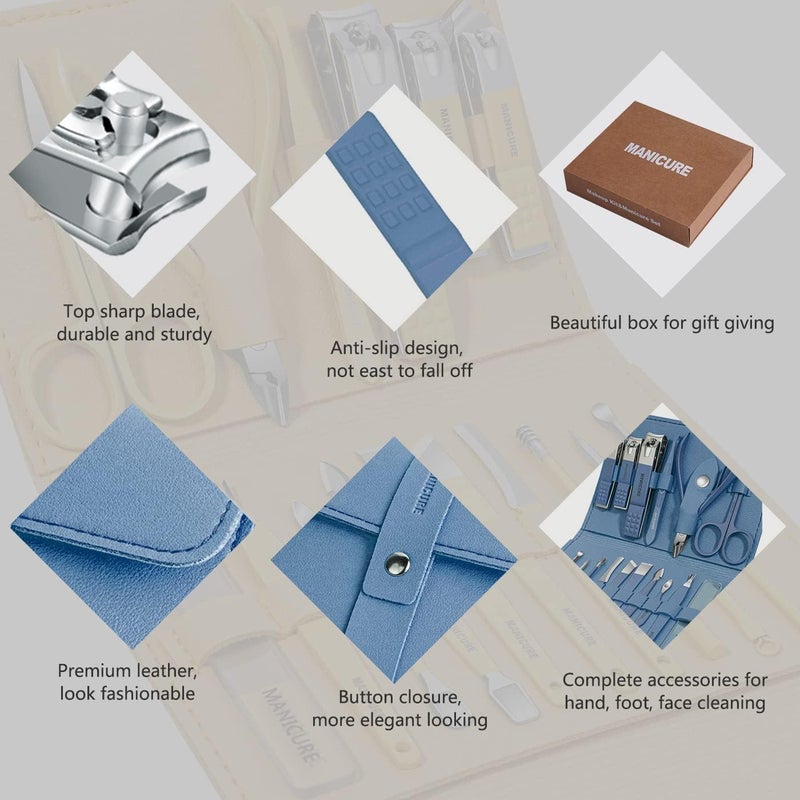 Leipple Manicure Set Professional Nail Clippers Pedicure Kit, 16 pcs Stainless Steel Nail Care Tools Grooming Kit with Luxurious Travel Leather Case for Thick Nails Men Women Gift (Blue) Precision made - Image 5
