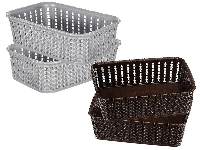 Kuber Industries Heart Home Multiuses Small M 15 Plastic Tray/Basket/Organizer Without Lid- Pack of 4 (Grey & Brown) -46HH0131 - Image 1