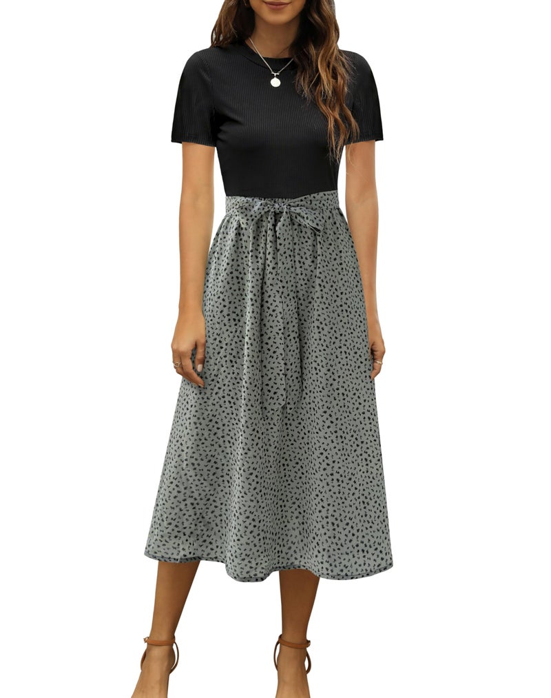 Zattcas Women 2025 Summer Dress Short Sleeve Ribbed Teacher Church Modest Business Casual Work Outfits Midi Dress with Pockets Blacksagegreen L - Image 1