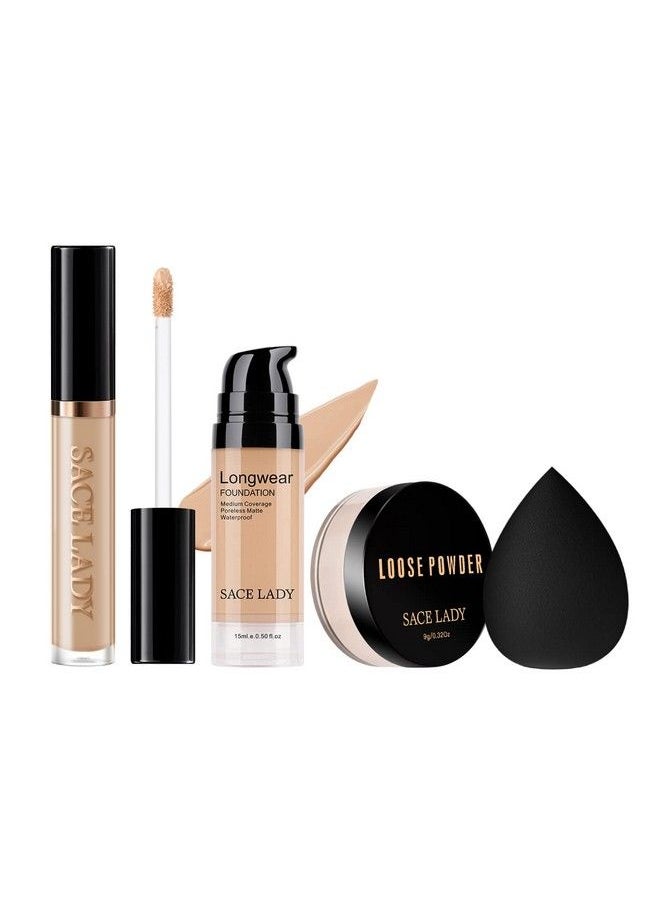 SACE LADY - Face Makeup Base Set for Women with Flawless Matte Foundation Full Cover Up Concealer for Eye Circles Oil Control Loose Powder Make Up Sponge Lasting Waterproof Natural Cosmetics Kit 4Pcs - Image 1