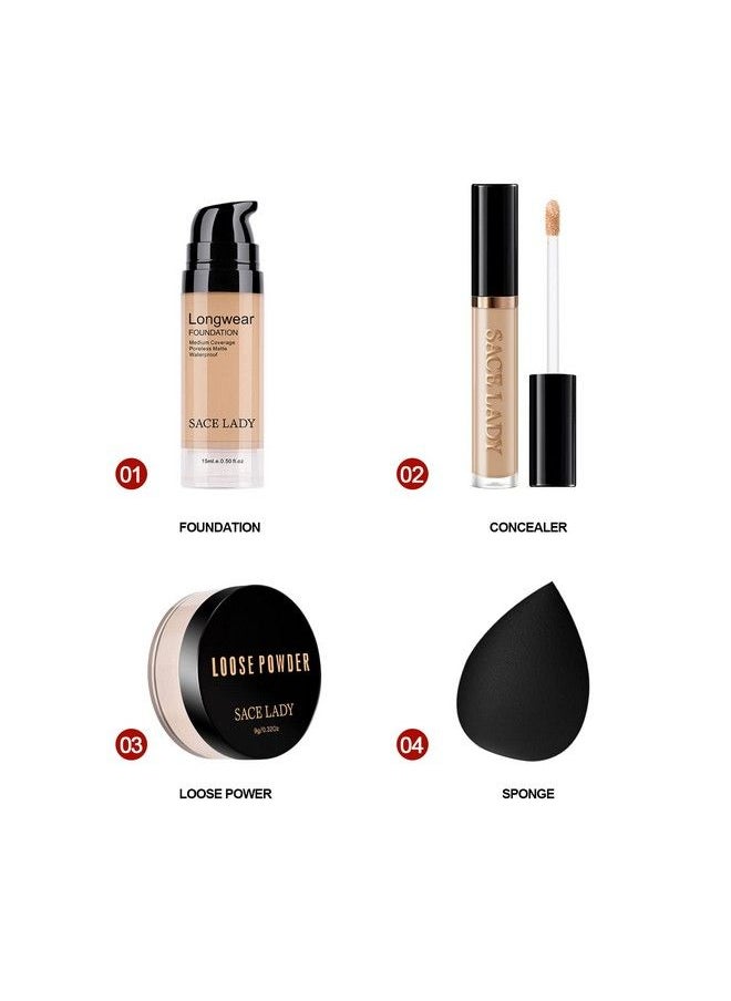 SACE LADY - Face Makeup Base Set for Women with Flawless Matte Foundation Full Cover Up Concealer for Eye Circles Oil Control Loose Powder Make Up Sponge Lasting Waterproof Natural Cosmetics Kit 4Pcs - Image 1