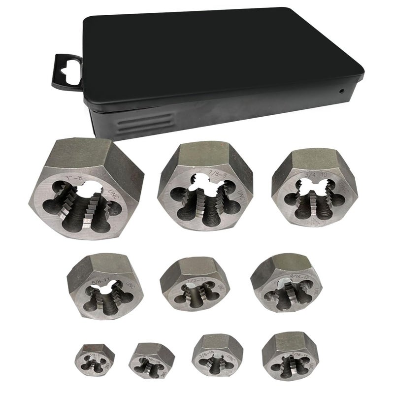 10 Piece UNC Pipe Die Set 14 516 38 716 12 916 58 34 78 and 1 Rethreading Carbon Steel Black Box with Handle