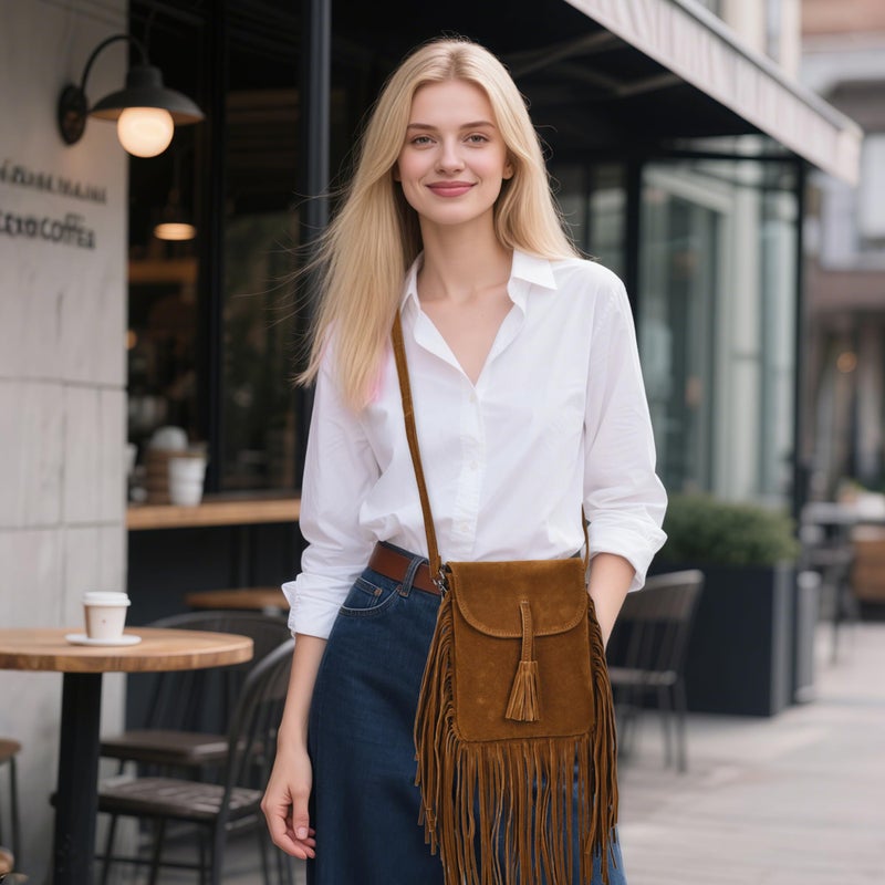 Dora & Liz Fringe Small Crossbody Bags for Women Trendy Designer Cell Phone Bag Suede Tassel Wallet Purses with Card Slots (Brown) - Image 2