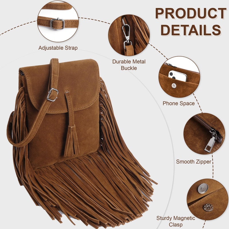 Dora & Liz Fringe Small Crossbody Bags for Women Trendy Designer Cell Phone Bag Suede Tassel Wallet Purses with Card Slots (Brown) - Image 5