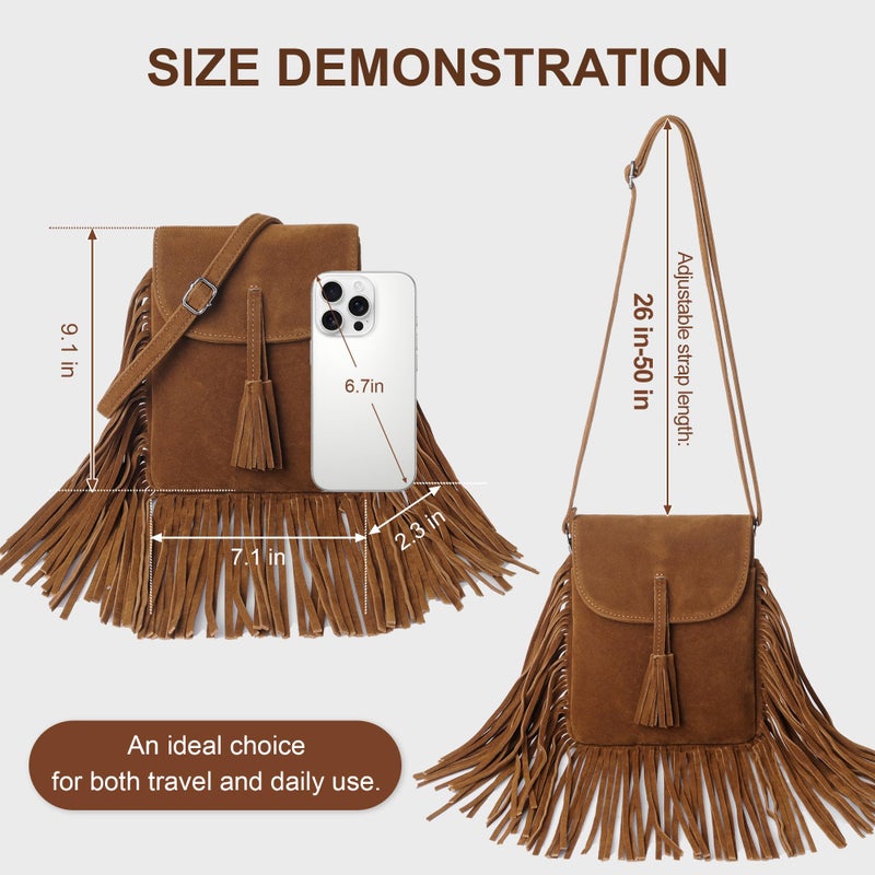 Dora & Liz Fringe Small Crossbody Bags for Women Trendy Designer Cell Phone Bag Suede Tassel Wallet Purses with Card Slots (Brown) - Image 4
