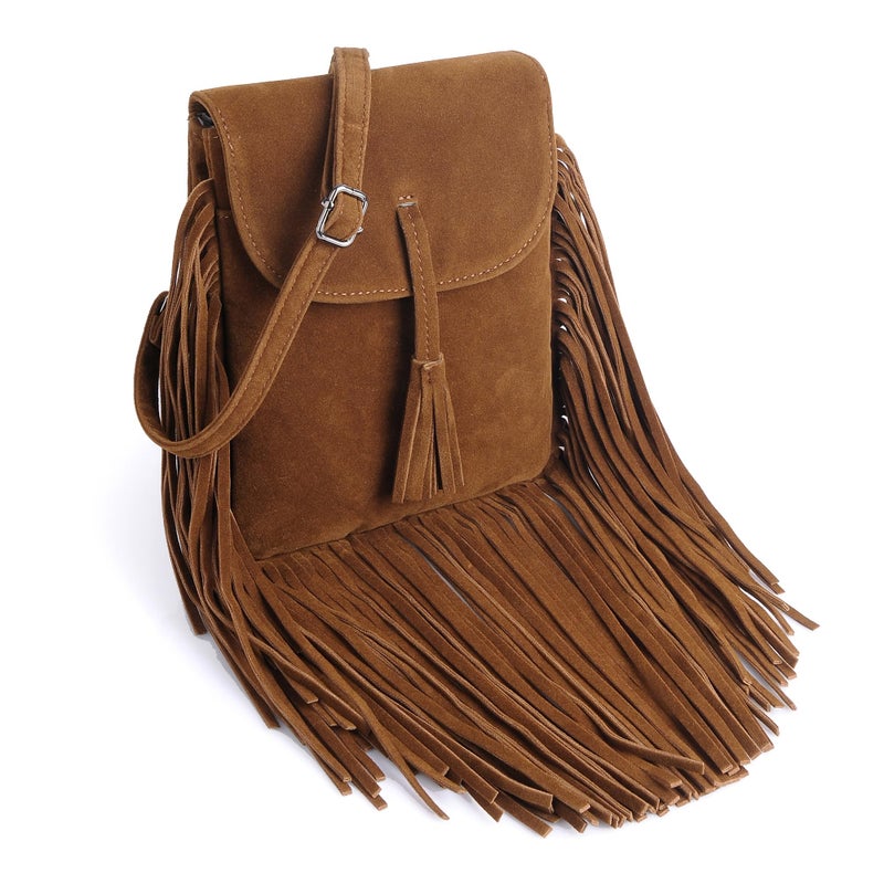Dora & Liz Fringe Small Crossbody Bags for Women Trendy Designer Cell Phone Bag Suede Tassel Wallet Purses with Card Slots (Brown) - Image 1