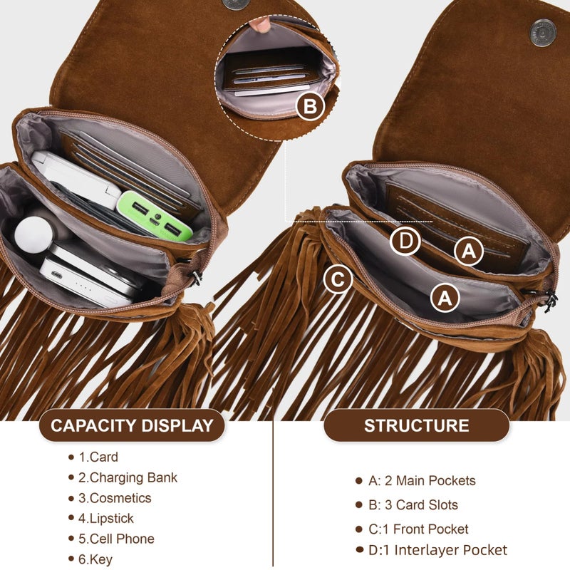 Dora & Liz Fringe Small Crossbody Bags for Women Trendy Designer Cell Phone Bag Suede Tassel Wallet Purses with Card Slots (Brown) - Image 3