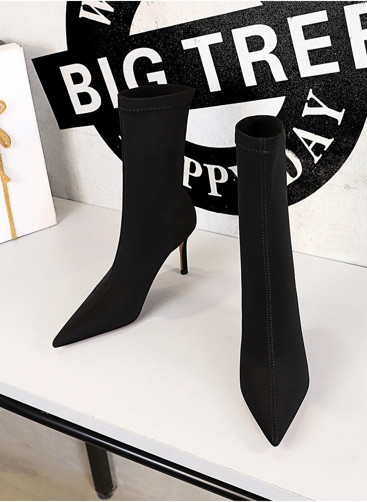 BIGTREE Fashion Simple Slim Heel High Heel Elastic Lycra Pointed Ankle Boots Black  - Image 1