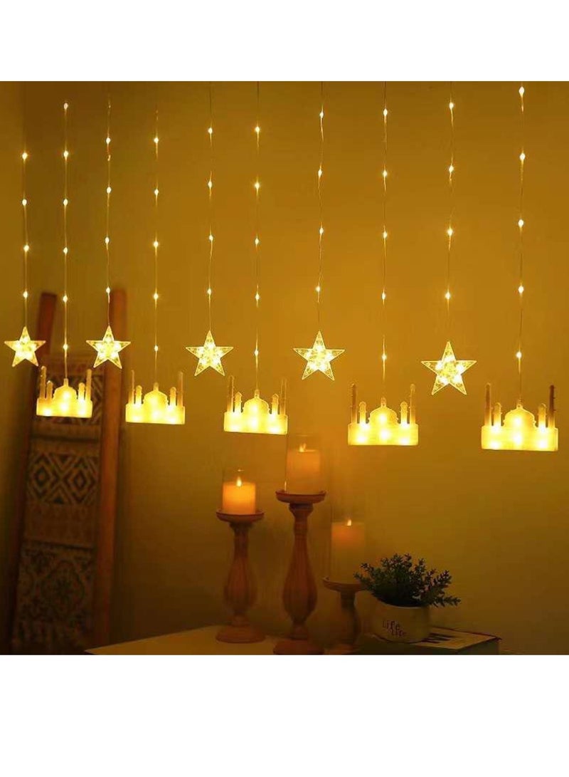 يوويل ضوء رمضان 3.5 متر للديكور المنزلي، ضوء زخرفي يعمل متعدد الأوضاع للمسجد وستارة بتصميم نجمة، ضوء رمضان أبيض دافئ