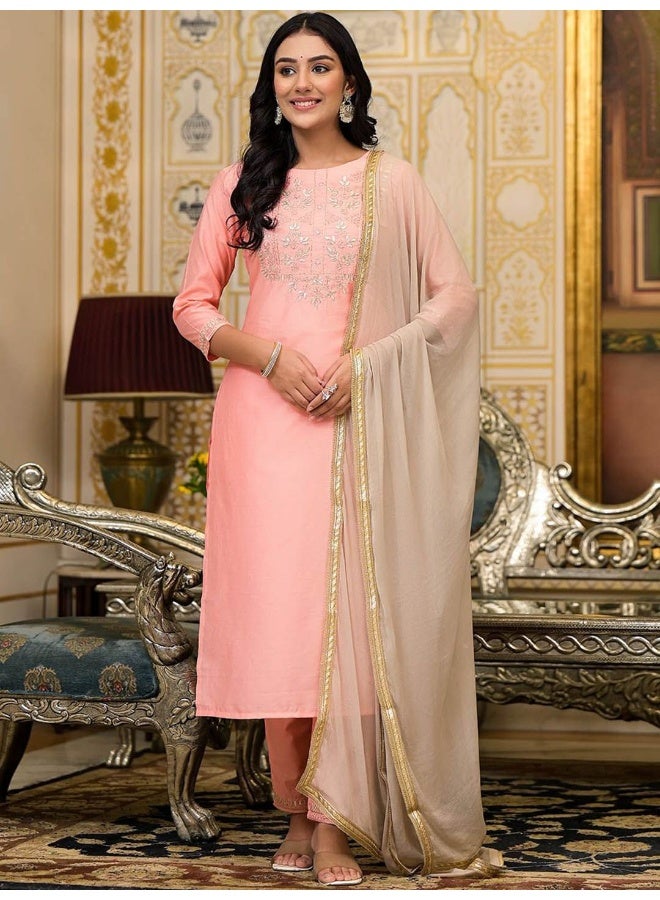 AKS Couture Yoke Design Thread Work Chanderi Silk Straight Kurta with Trousers & Dupatta - Image 1