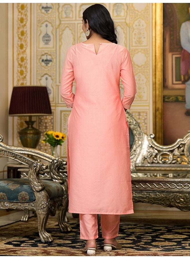 AKS Couture Yoke Design Thread Work Chanderi Silk Straight Kurta with Trousers & Dupatta - Image 4