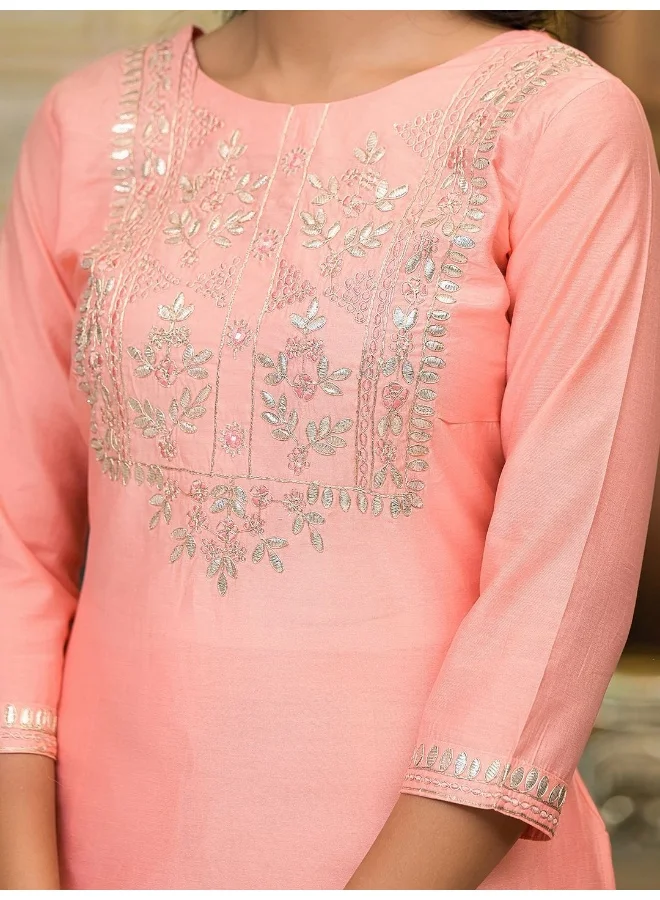 أيه كيه إس AKS Couture Yoke Design Thread Work Chanderi Silk Straight Kurta with Trousers & Dupatta