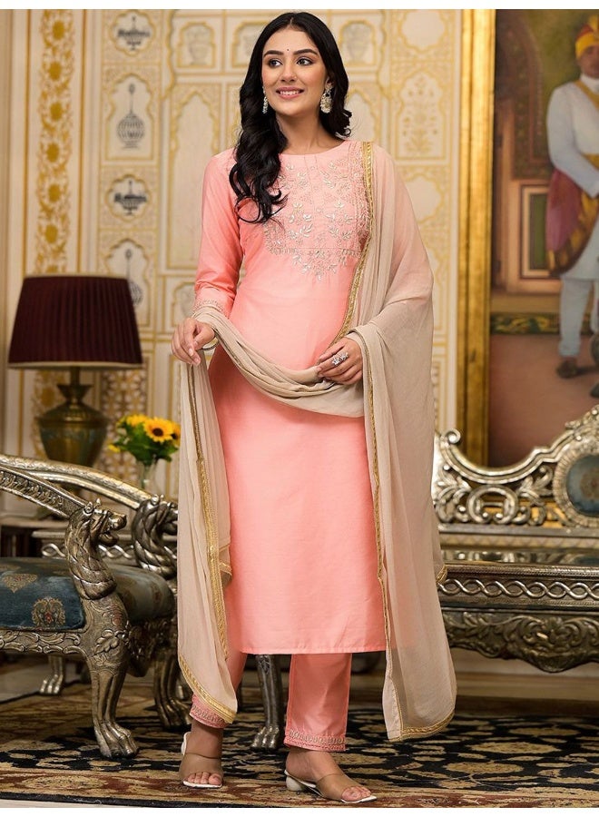 AKS Couture Yoke Design Thread Work Chanderi Silk Straight Kurta with Trousers & Dupatta - Image 3