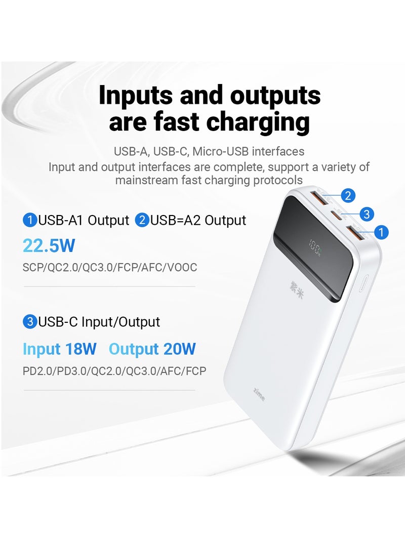 زيم بنك الطاقة zime B225، بسعة 20000 مللي أمبير وقوة قصوى 22.5 واط، شاحن محمول سريع، منفذ USB-C واحد، منفذان USB-A، بطارية احتياطية لأجهزة iPhone من سلسلة 16/15/14/13، وGalaxy، وغيرها. - Image 3