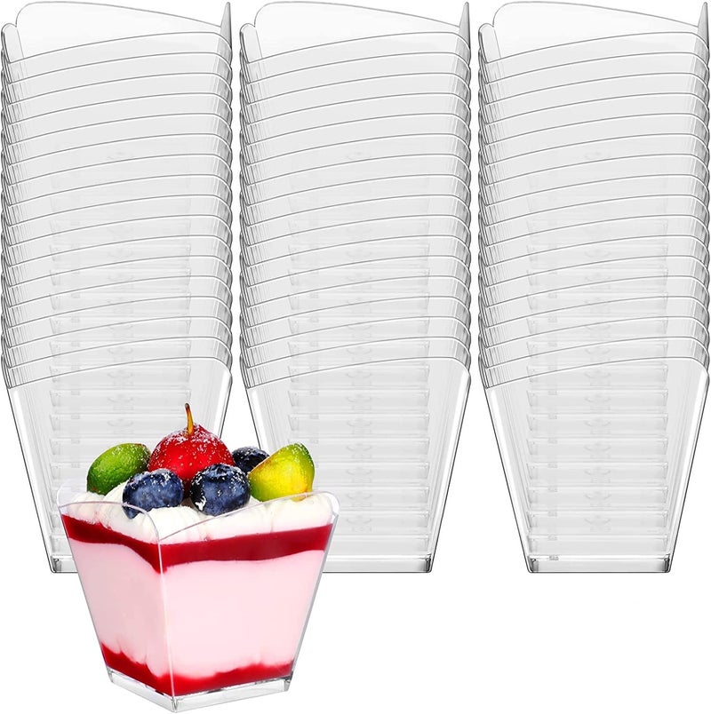 KAHEIGN 60Pcs Mini Dessert Cups 90ml Plastic Square Slanted Dessert Cups Clear Parfait Appetizer Cup Reusable Serving Bowl for Dessert Pudding Mousse Party 48 x 7cm