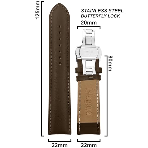 DBLACK ''NAGATA3'' Leather Watch Strap with Butterfly Lock, Minimalist Design Watch Belt // For 18mm, 20mm, 22mm, or 24mm Watch Band (Choose Your Size & Color) (Brown, 22mm / Silver) - Image 2