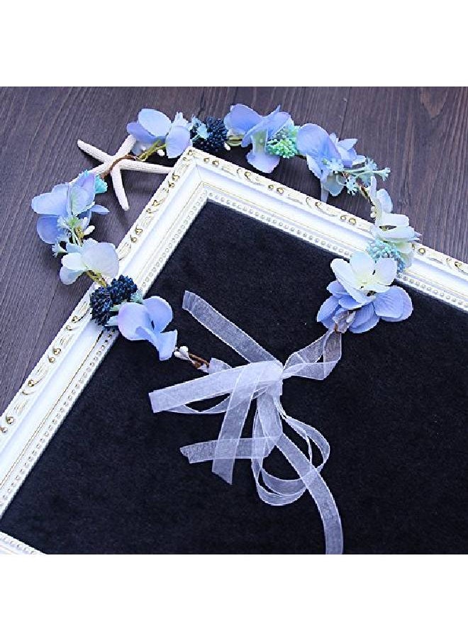 Bodermincer Bridal Hair Accessories Handmade Headband Beach Starfish Flower Wreath Bride Handmade Wedding Garland Soft Pearl Hair Jewelry (Blue Starfish)  - Image 3