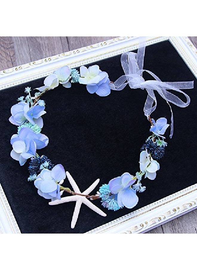Bodermincer Bridal Hair Accessories Handmade Headband Beach Starfish Flower Wreath Bride Handmade Wedding Garland Soft Pearl Hair Jewelry (Blue Starfish)  - Image 4