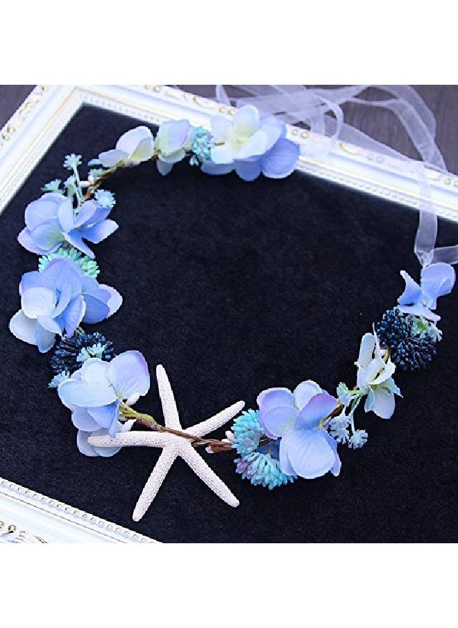 Bodermincer Bridal Hair Accessories Handmade Headband Beach Starfish Flower Wreath Bride Handmade Wedding Garland Soft Pearl Hair Jewelry (Blue Starfish)  - Image 1