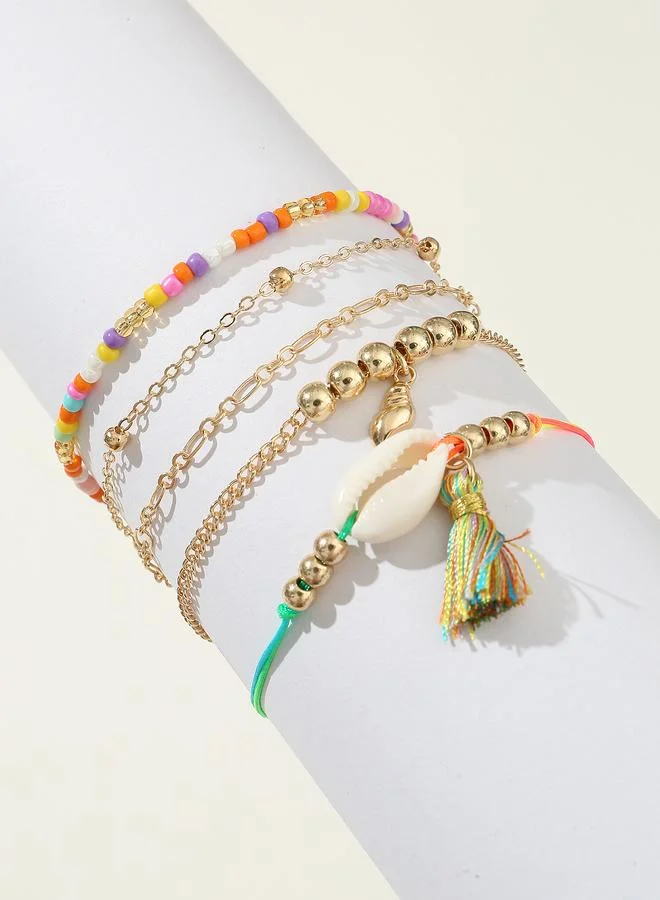 تايك تو Pack of 5 - Beaded and Link Bracelets with Seashell and Tassel Charms