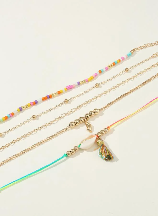 تايك تو Pack of 5 - Beaded and Link Bracelets with Seashell and Tassel Charms