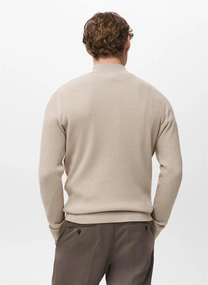 Mango Man Ribbed Sweater With Zip Neck