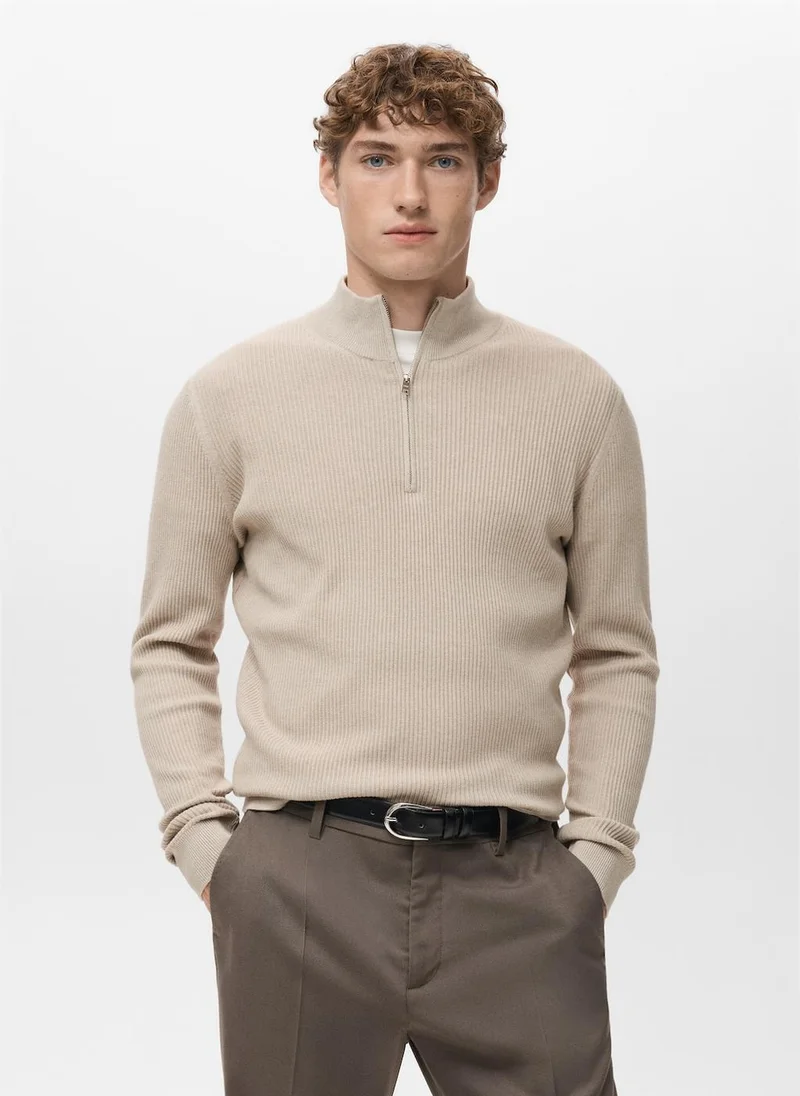 Mango Man Ribbed Sweater With Zip Neck