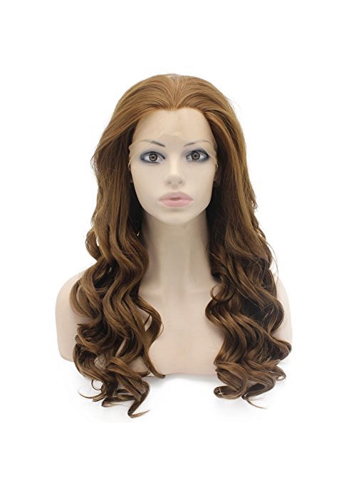 MX angel 24inch Long Wavy Brown Lace Front Wig Half Hand Tied Heat Resistant Synthetic Hair Wig at Mxangel 