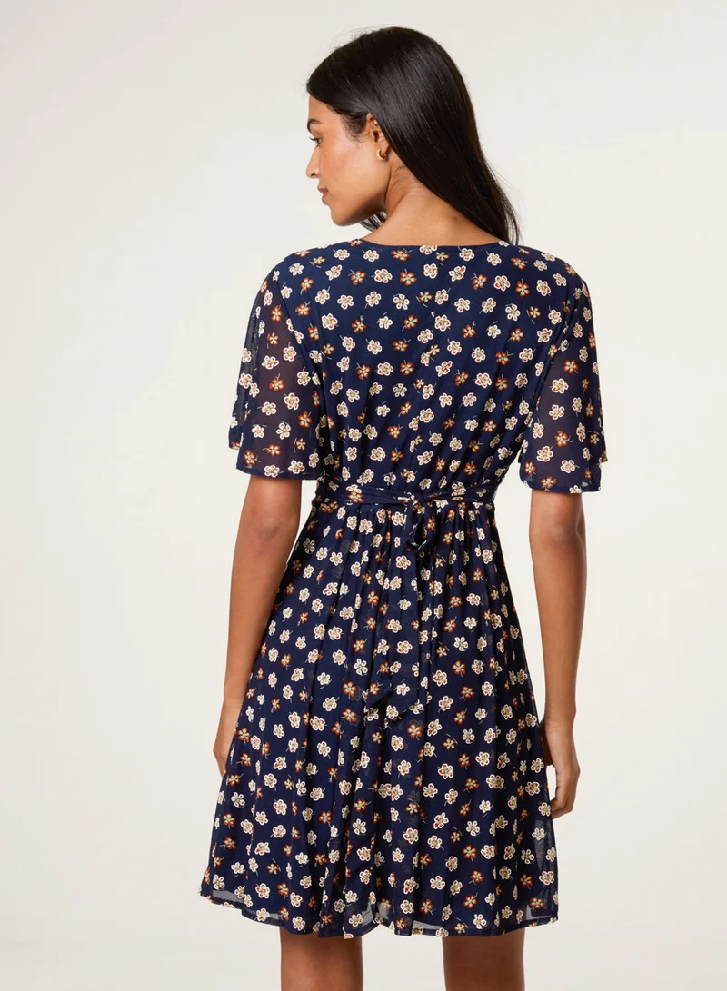 Blue Vanilla Ditsy Floral V Neck Tie Back Mini Dress
