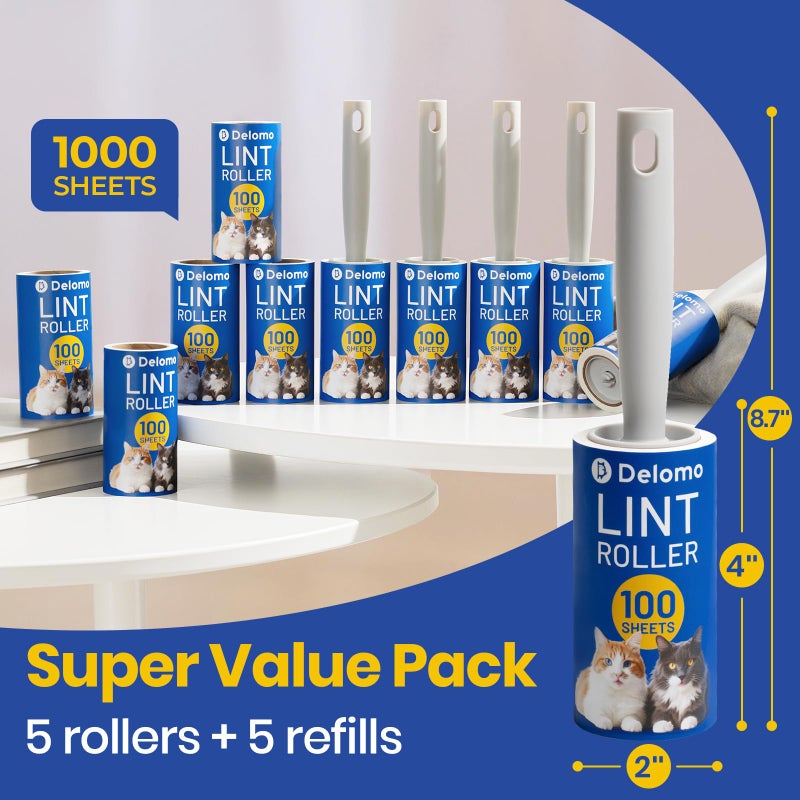 DELOMO Lint Roller 1,000 Sheets (5 Rollers + 5 Refills) - Lint Rollers for Pet Hair Extra Sticky, Mega Value Pet Hair Removal Tool for Clothes/Couch/Furniture/Car for Pet Owners - Image 5