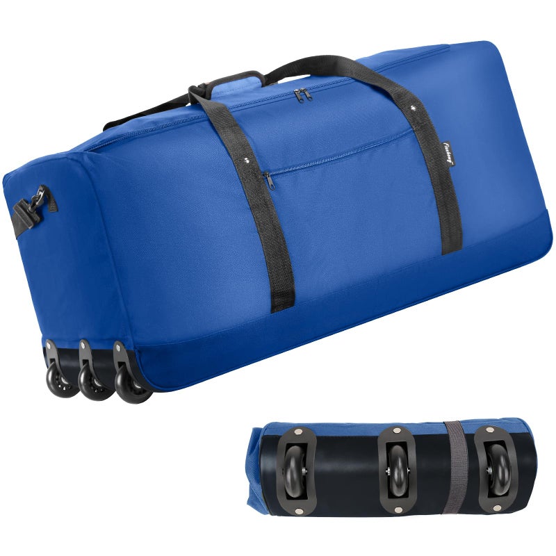 Finnhomy 120L Foldable Rolling Duffel Bag with 3 Wheels Light Weight Travel Duffel bag with Large Loading Capacity 32 inch Rolling Duffel bag with Shoulder Strap for Travel Camping Sports Navy Blue