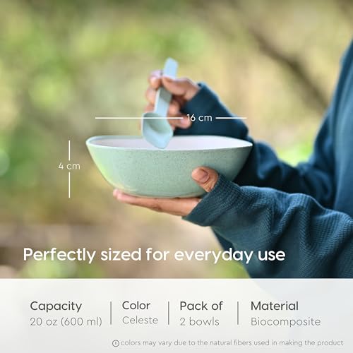 Eha Set of 2 Earth-Friendly Multipurpose Bowls for Kitchen | 600 ml | Made with Bamboo Fibers & Rice Husk | Microwave Safe Bowl | for Hot & Cold Serving Bowl Set | Celeste - Image 2
