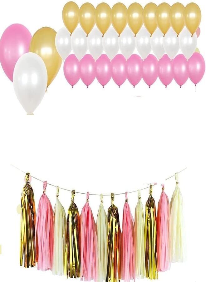 Secret Party Kit Includes Pink, Cream and Gold Dot Pom Poms, Decoration Garland, Balloons - Birthday, Bachelorette Parties, Wedding, Graduation, Anniversary