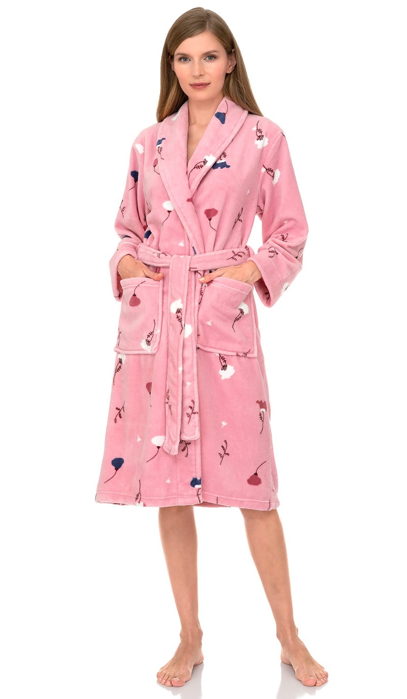 TowelSelections Womens Robe Plush Fleece Bathrobe Shawl Collar Spa Bath Robe for Women Small Pink-Flowers - Image 1