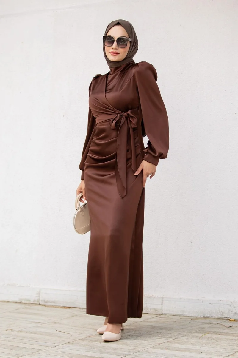 Tesettür Çarşım Hijab Bazaar Nesy Double Breasted Robe Satin Evening Dress-Coffee