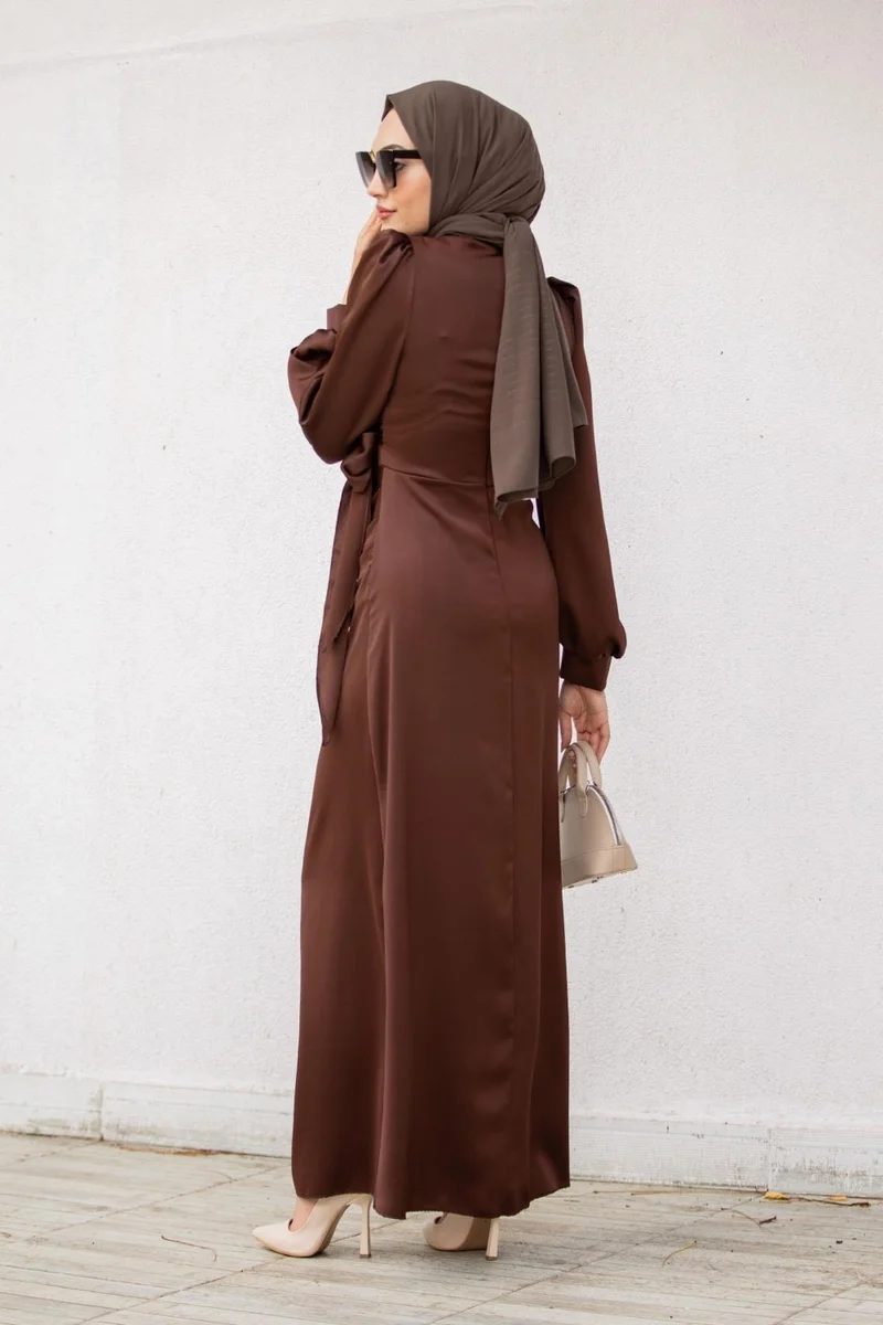 Tesettür Çarşım Hijab Bazaar Nesy Double Breasted Robe Satin Evening Dress-Coffee