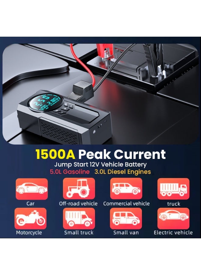 4-in-1 Portable Car Jump Starter 15000mAh 1000A Lithium Battery Booster Power Bank with Air Compressor Tire Inflator LED Emergency Light for Cars & Motorcycles - Image 2